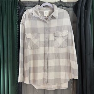 Aerie LumberJane Button Down Shirt Grey and White Plaid Flannel Size XL